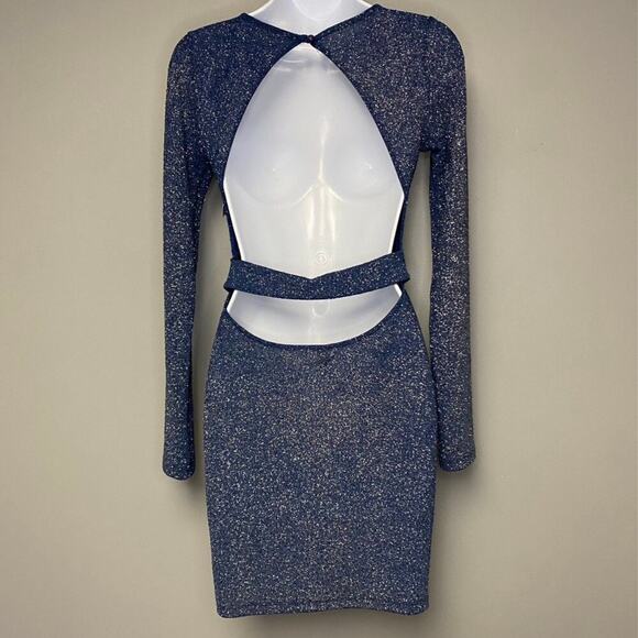 NWT Windsor Blue Glitter Long Sleeve Formal Prom Mini DressJuniors Size M - Picture 2 of 5